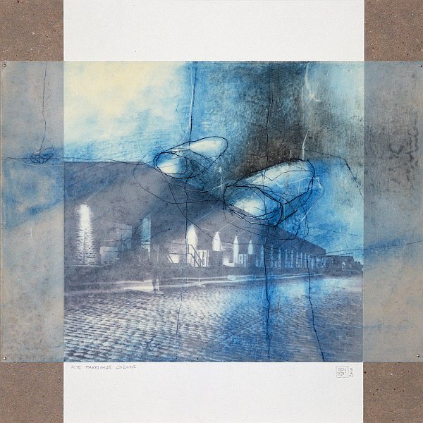 Pakethalle I / Wachs, Ölfarbe auf gewachstem Waben-Papier, 30*30 cm
